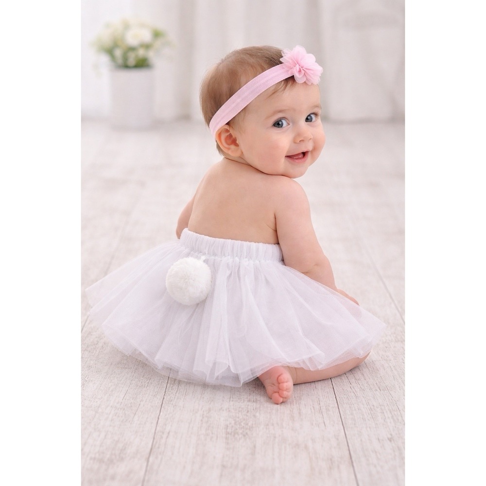 Bunny Tutu Skirt & Floral Headband Set Baby One Size Spring Theme White Pink NEW